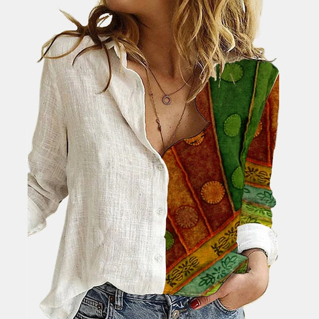 Casual Cute Cats Print Autumn Blouse Shirts Women Vintage Button Turn-Down Collar Tops Office Lady Elegant Long Sleeve Blusa 5XL