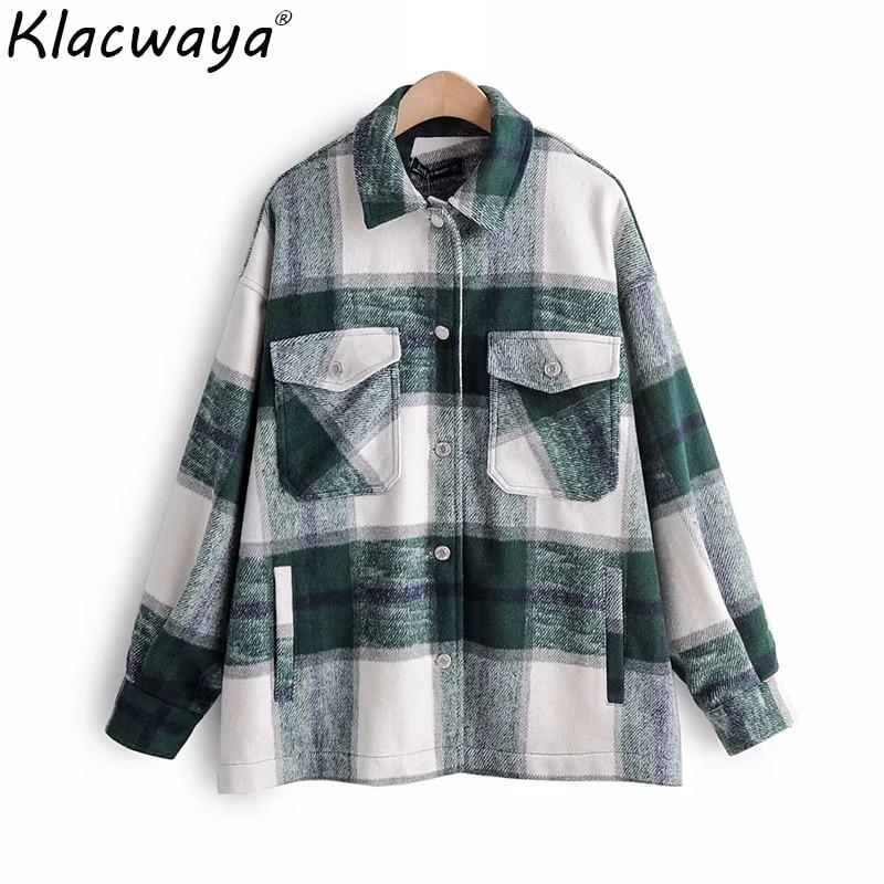 New Vintage Women Oversize Thick Shirt 2020 Fashion Ladies Loose Green Plaid  Female Woolen Long Blouses Girls Chic Tops