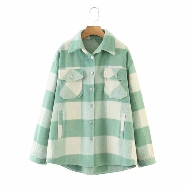 New Vintage Women Oversize Thick Shirt 2020 Fashion Ladies Loose Green Plaid  Female Woolen Long Blouses Girls Chic Tops