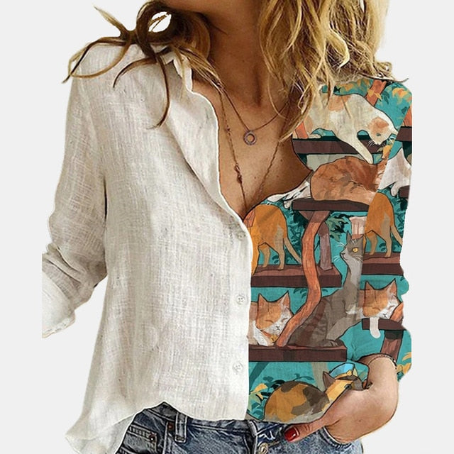 Casual Cute Cats Print Autumn Blouse Shirts Women Vintage Button Turn-Down Collar Tops Office Lady Elegant Long Sleeve Blusa 5XL