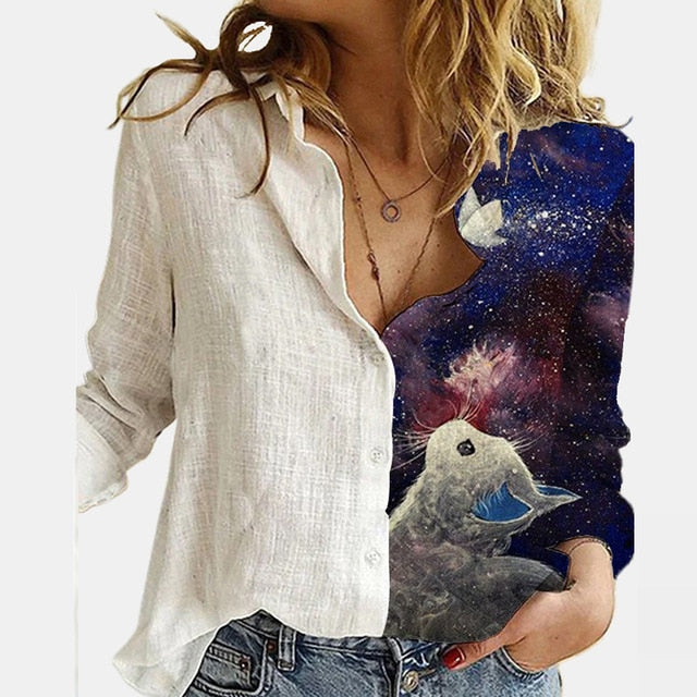 Casual Cute Cats Print Autumn Blouse Shirts Women Vintage Button Turn-Down Collar Tops Office Lady Elegant Long Sleeve Blusa 5XL