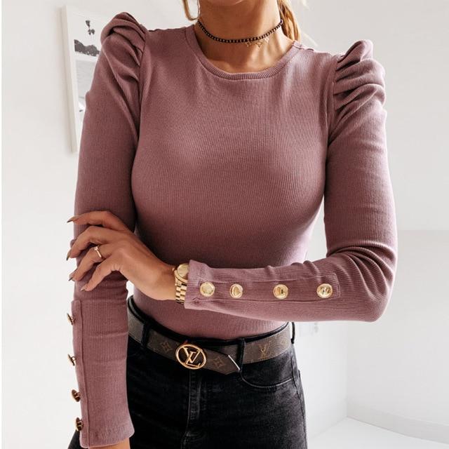 Women Elegant Solid Color Ruffle Blouse Shirt 2020 Autumn Long Sleeve Pullover Tops Ladies New Casual O-Neck knit Blusa Female