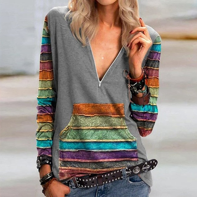 2020 Casual Women V Neck Zipper Blouse Shirt Elegant Daisy Print Female Tops Spring Autumn Long Sleeve Loose Blusa Pullover 5XL
