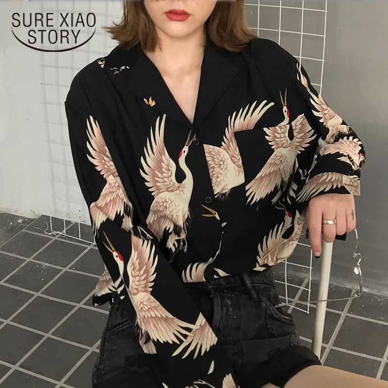 Vintage Printed Fashion Women Blouses 2020 women Long Sleeve Shirts print Chiffon blouse women ladies Loose Femme top 0845 30