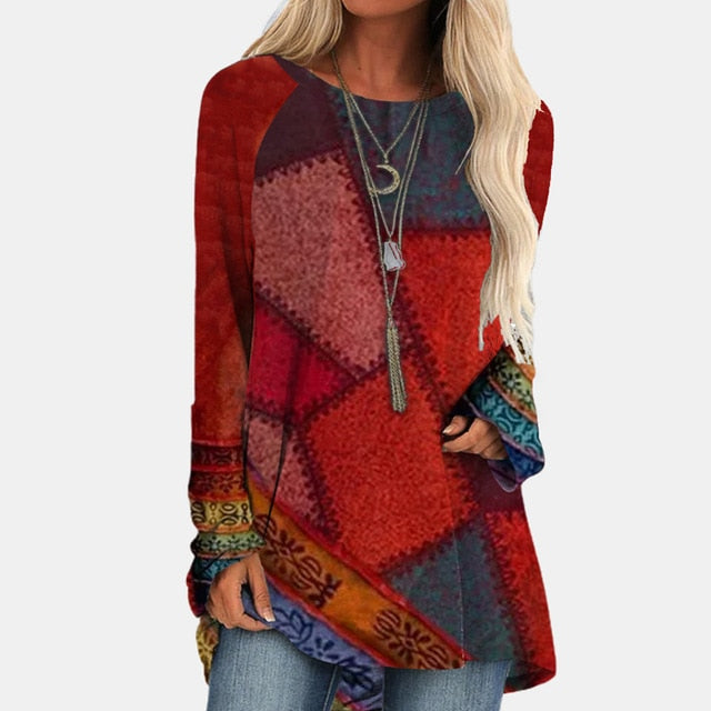 Vintage Abstract Face Printed V Neck Blouse Shirt Women Autumn Long Sleeve Irregular Tops Pullover Casual Loose Harajuku Blouses