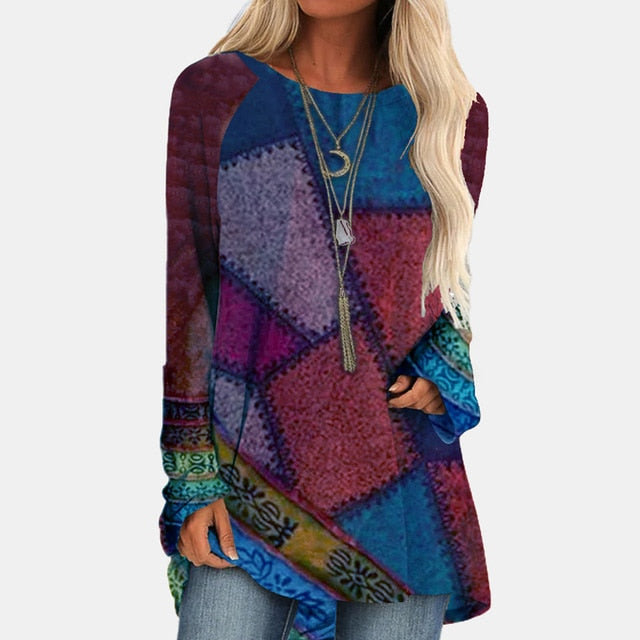 Vintage Abstract Face Printed V Neck Blouse Shirt Women Autumn Long Sleeve Irregular Tops Pullover Casual Loose Harajuku Blouses