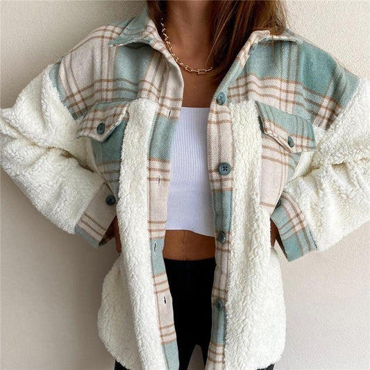 Winter Women Shirt Vintage Oversize Plaid Shirt Pockets Long Sleeve Turn-Down Collar Thick Blouse Autumn Casual Warm Outwear