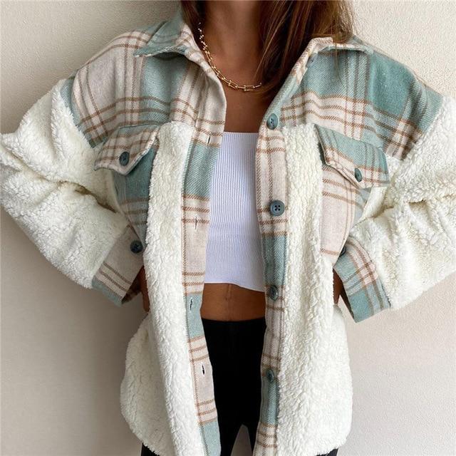 Winter Women Shirt Vintage Oversize Plaid Shirt Pockets Long Sleeve Turn-Down Collar Thick Blouse Autumn Casual Warm Outwear