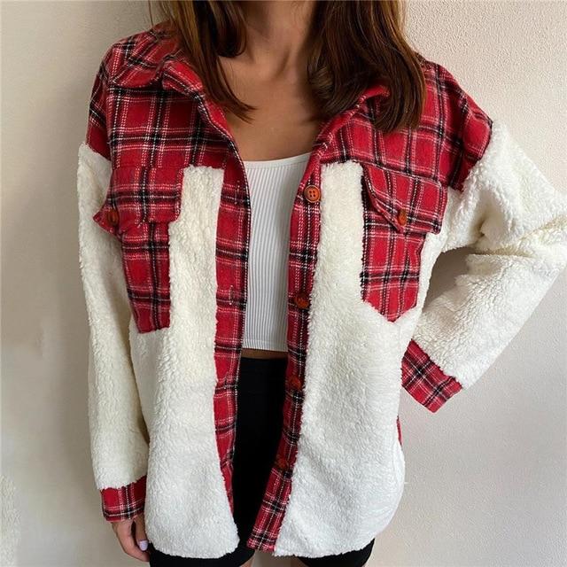 Winter Women Shirt Vintage Oversize Plaid Shirt Pockets Long Sleeve Turn-Down Collar Thick Blouse Autumn Casual Warm Outwear
