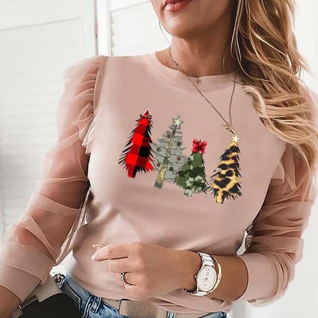 Women Elegant Santa Claus Christmas Tree Blouse Shirts Casual O-Neck Mesh Ruffles Pullovers Tops Ladies Fashion Hollow Out Blusa