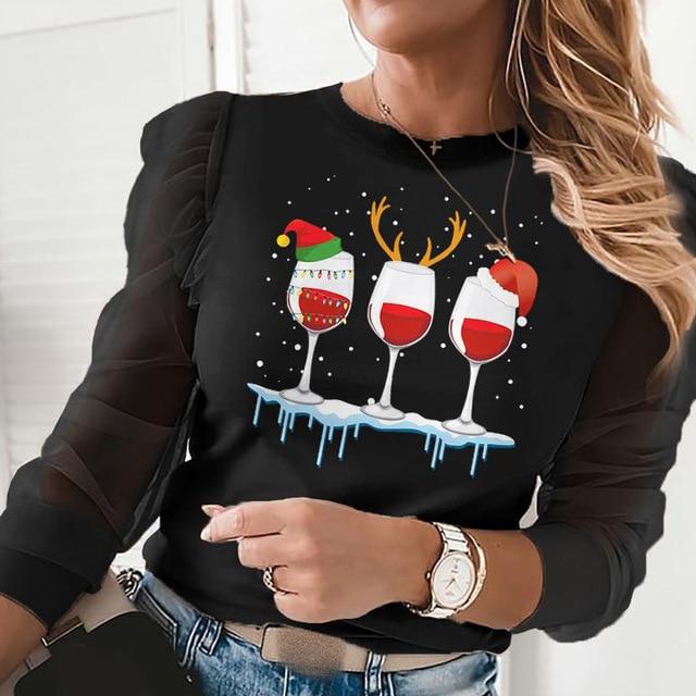 Women Elegant Santa Claus Christmas Tree Blouse Shirts Casual O-Neck Mesh Ruffles Pullovers Tops Ladies Fashion Hollow Out Blusa