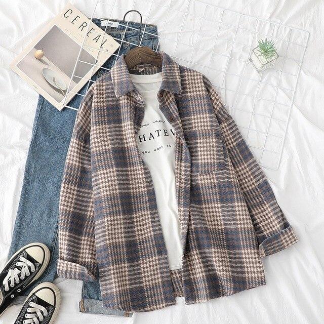 Tangada women oversized brown plaid boyfriend style thick shirt blouse 2020 winter chic female casual loose tops BAO28