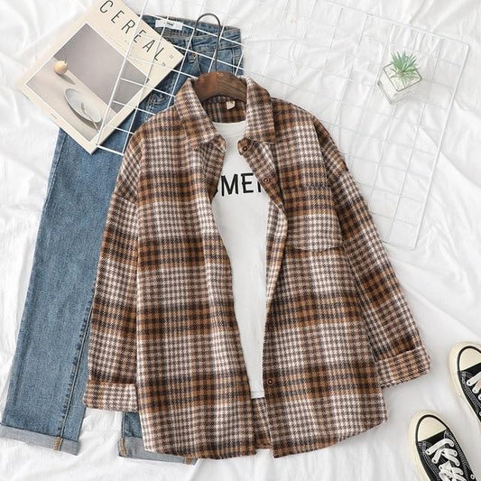 Tangada women oversized brown plaid boyfriend style thick shirt blouse 2020 winter chic female casual loose tops BAO28