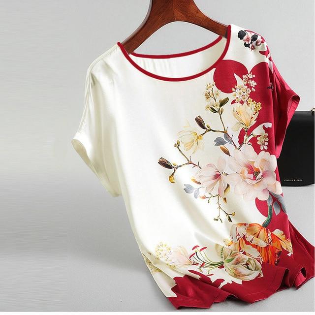 2020 ice silk printed mother's wear new imitation chiffon shirt women short-sleeved loose plus size blouse women summer