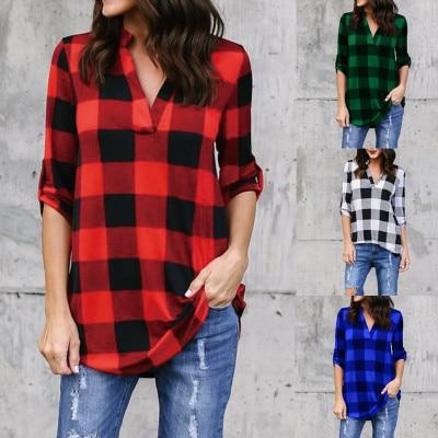 New Casual Red Plaid Women Blouses Black Red Check Boyfriend Style Shirts Loose Camisa Tops Autumn 5XL Plus Size