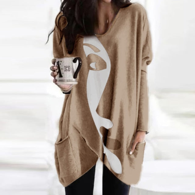 Elegant Women Abstract Face Print Blouse Shirt Autumn Long Sleeve Pockets Irregular Ladies Tops Casual V Neck Female Shirt Blusa