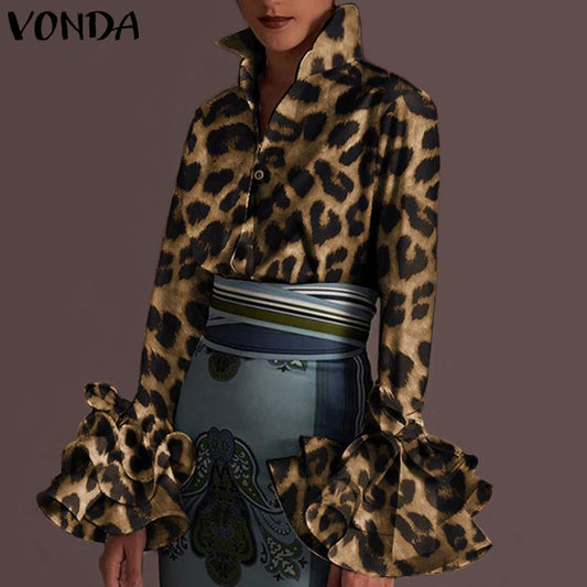 Autumn Long Sleeve Lapel Tunic Tops Women Vintage Blouses VONDA Fashion Leopard Print Shirts 2020 Elegant Office Work Blouse