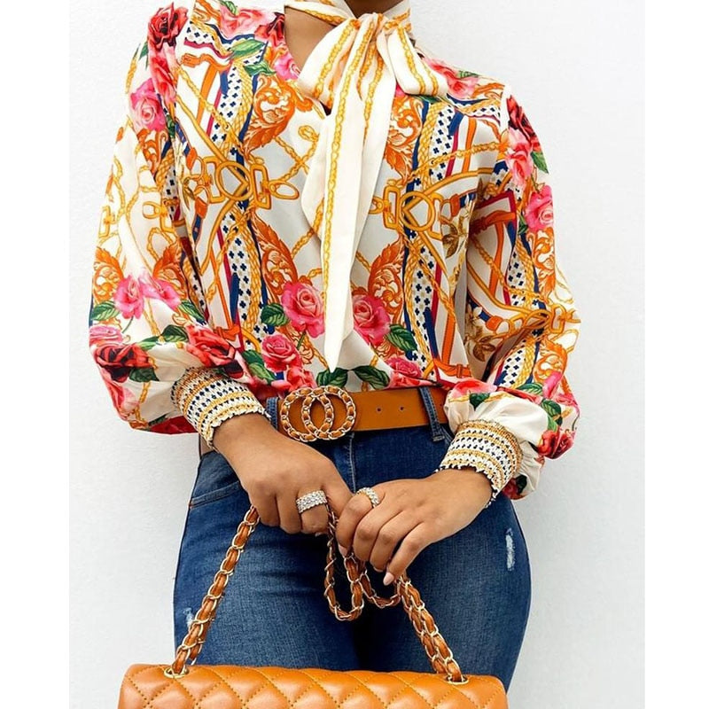 Scarf Neck Baroque Print Top Blouses Women Retro Print Lantern Sleeve Blouse Shirt Elegant Office Lady Shirt Fashion Blusa Mujer