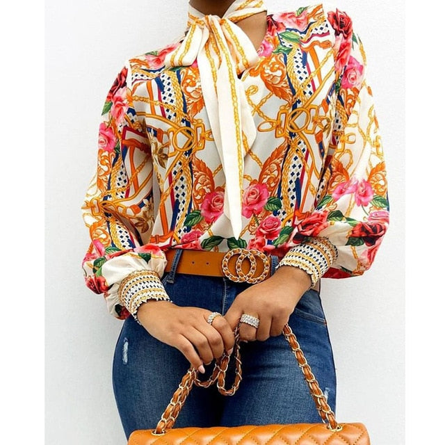 Scarf Neck Baroque Print Top Blouses Women Retro Print Lantern Sleeve Blouse Shirt Elegant Office Lady Shirt Fashion Blusa Mujer