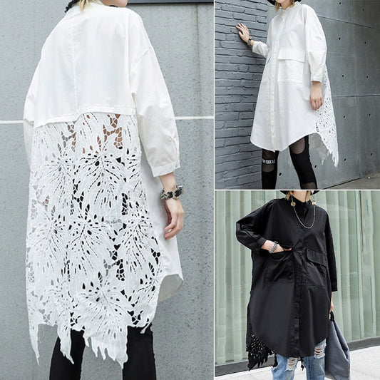 Women Lace Crochet Shirt ZANZEA Casual Lapel Neck Long Sleeve Hollow Out Blouse Loose Long Tops Femme Patchwork Blusas Chemise 7