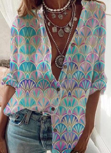 Printed long-sleeved shirt women's casual large size loose shirt fashion new women's tops