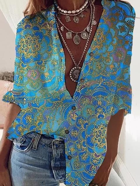 Printed long-sleeved shirt women's casual large size loose shirt fashion new women's tops