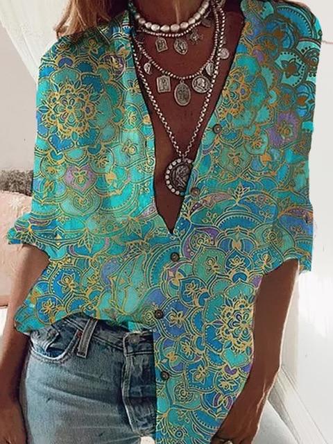 Printed long-sleeved shirt women's casual large size loose shirt fashion new women's tops