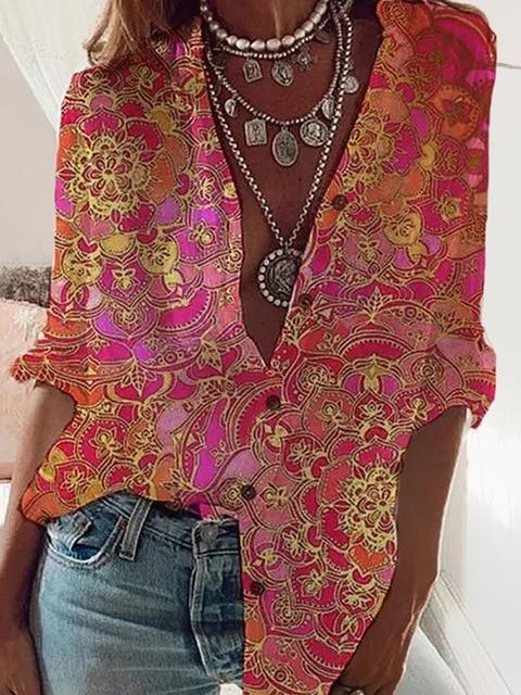 Printed long-sleeved shirt women's casual large size loose shirt fashion new women's tops