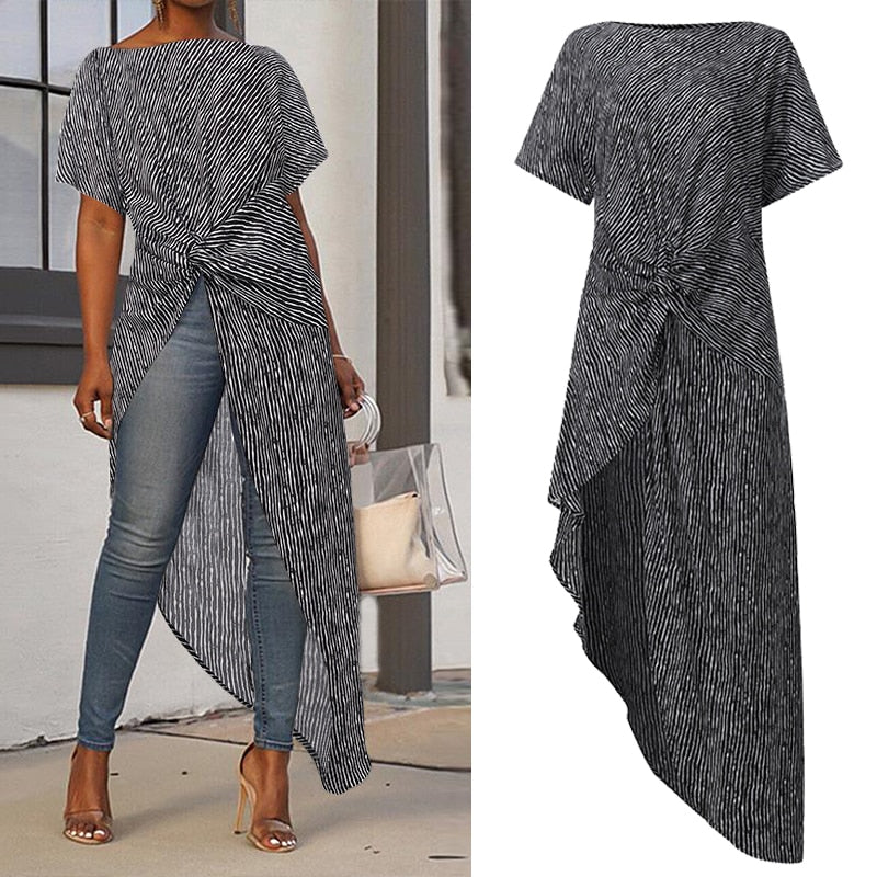 VONDA Women Asymmetrical Blouse Sexy Split Hem Striped Party Tops Long Ladies Office Shirts 2020 Women Tunic Plus Size Blusas