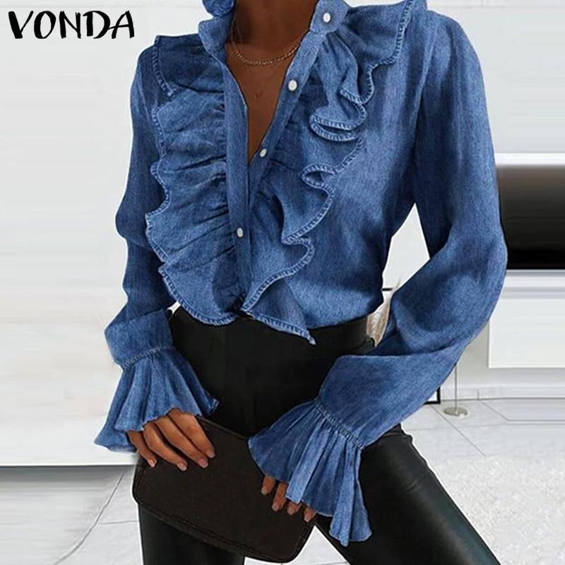 Women Autumn Blouse Demin Office Ladies Tops 2020 VONDA Casual Long Sleeve Lapel Neck Party Shirts Plus Size Women Tunic S-5XL