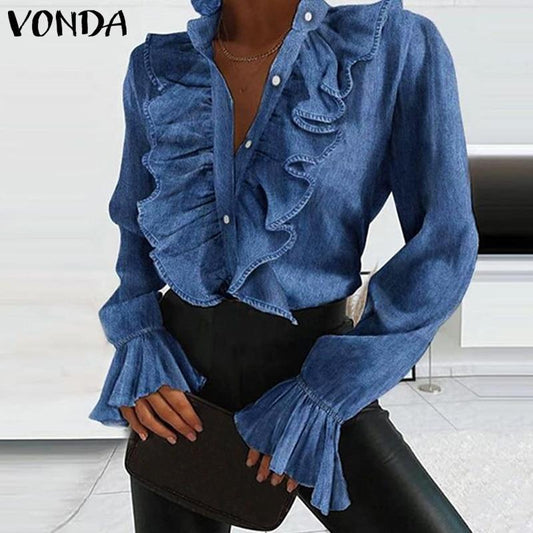 Women Autumn Blouse Demin Office Ladies Tops 2020 VONDA Casual Long Sleeve Lapel Neck Party Shirts Plus Size Women Tunic S-5XL