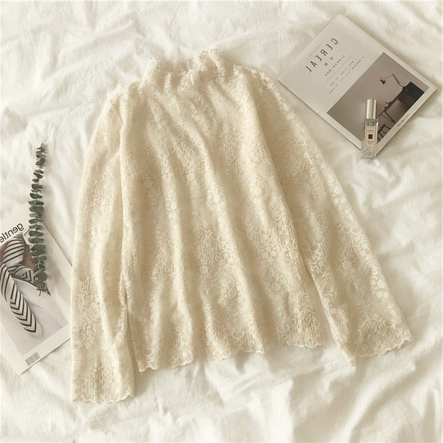 Lace Bottoming Shirt Women's 2020 Western Style Autumn and Winter Korean Sweater with Half-Collar Hollow Princess Style Top