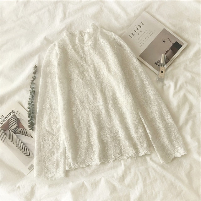 Lace Bottoming Shirt Women's 2020 Western Style Autumn and Winter Korean Sweater with Half-Collar Hollow Princess Style Top