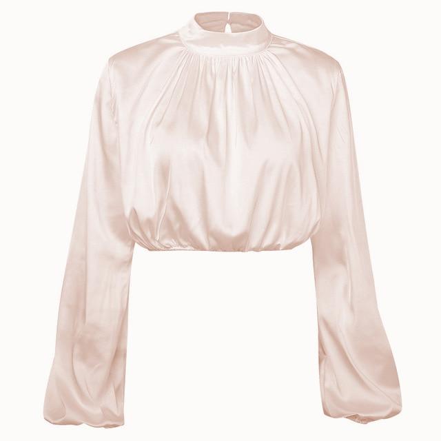 LAISIYI 2020 Spring Lantern Long Sleeve Blouse Autumn Turtleneck Satin Silk Women Shirt Boho Hollow Out Womens Tops and Blouses