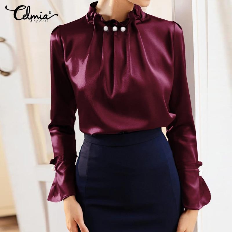 Celmia Satin Blouses Women Elegant Long Sleeve Silk Shirt Pearl Stand Collar Female Office Tops Solid Casual Blusas Plus Size