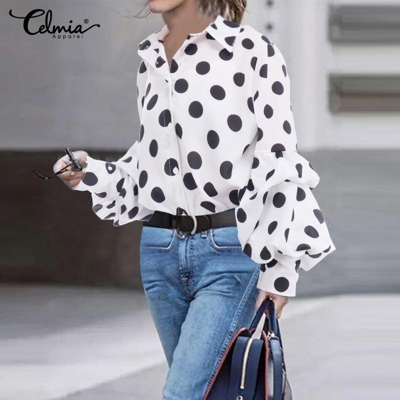 S-5XL Women Polka Dot Tops and Blouses 2020 Celmia Autumn Lantern Sleeve Casual Shirts Retro Loose Buttons Female Party Blusas