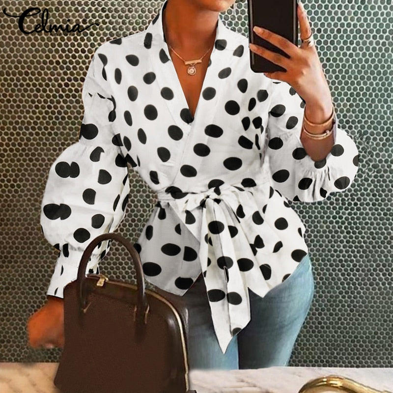 8 Colors Celmia Women Tops and Blouse 5XL Sexy V-neck Point Dot Elegant OL Shirt Casual Loose Belted Lantern Sleeve Tunic Blusas