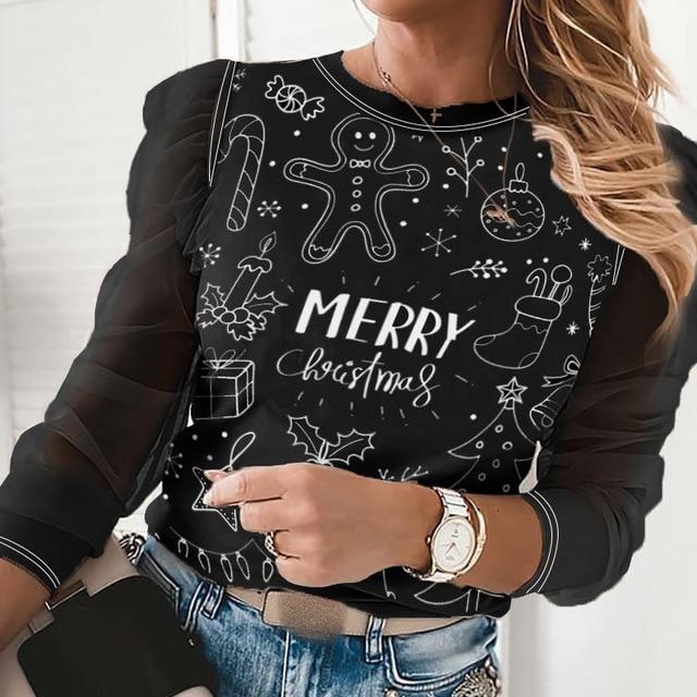 Women Elegant Santa Claus Christmas Tree Blouse Shirts Casual O-Neck Mesh Ruffles Pullovers Tops Ladies Fashion Hollow Out Blusa