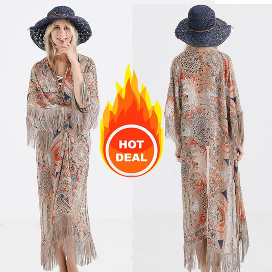2020 Retro Printed Half Sleeve Chiffon Cardigan Kimono Boho Fringed Tassels Bikini Cover Up Ankle Length Cape Beach Swimsuit