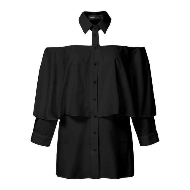 Celmia Top Fashion Women Off Shoulder Sexy Halter Shirts 2020 Autumn White Blouse 3/4 Sleeve Casual Solid Office Elegant Blusas