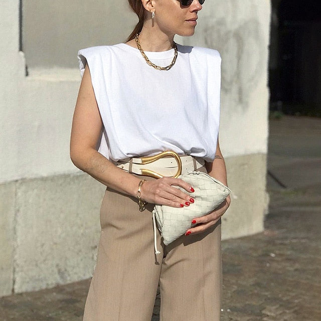 IMucci Shoulder Pad Women Tops Sleeveless O-Neck Solid Color Streetwear Fashion Shirts  Summer 2020 New Female Casual Clothing