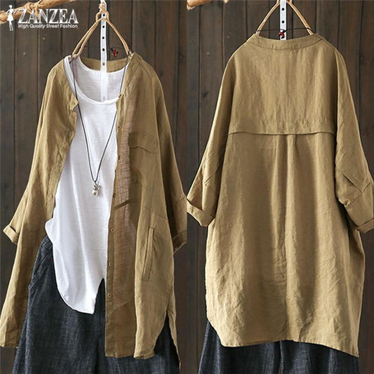 Vintage Linen Tunic Women's Blouse 2020 ZANZEA Casual Long Sleeve Shirts Button Cardigans Female Soid Patchwork Tops Plus Size