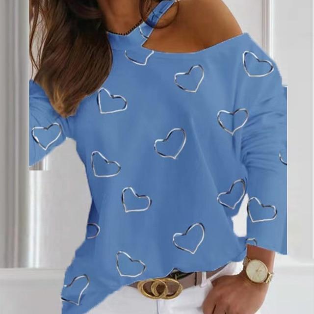 Women Sexy Heart Print Halter Blouse Shirt Fashion Off Shoulder  Long Sleeve Tops Pullovers Autumn Casual Slim Streetwear Blusas