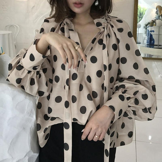 Celmia Vintage Women Polka Dot Blouse Lantern Sleeve Casual Shirt Plus Size Stylish Tunic Top Fashion Stand Collar Bow Tie Blusa