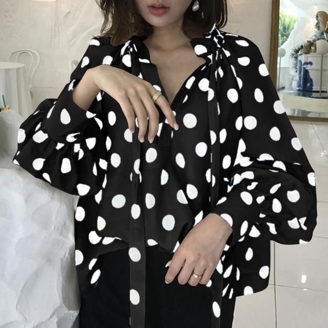 Celmia Vintage Women Polka Dot Blouse Lantern Sleeve Casual Shirt Plus Size Stylish Tunic Top Fashion Stand Collar Bow Tie Blusa