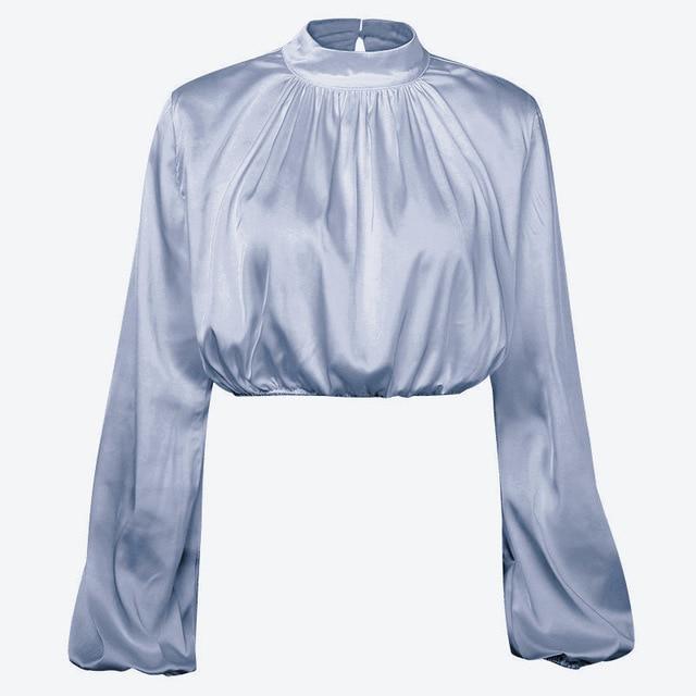 LAISIYI 2020 Spring Lantern Long Sleeve Blouse Autumn Turtleneck Satin Silk Women Shirt Boho Hollow Out Womens Tops and Blouses