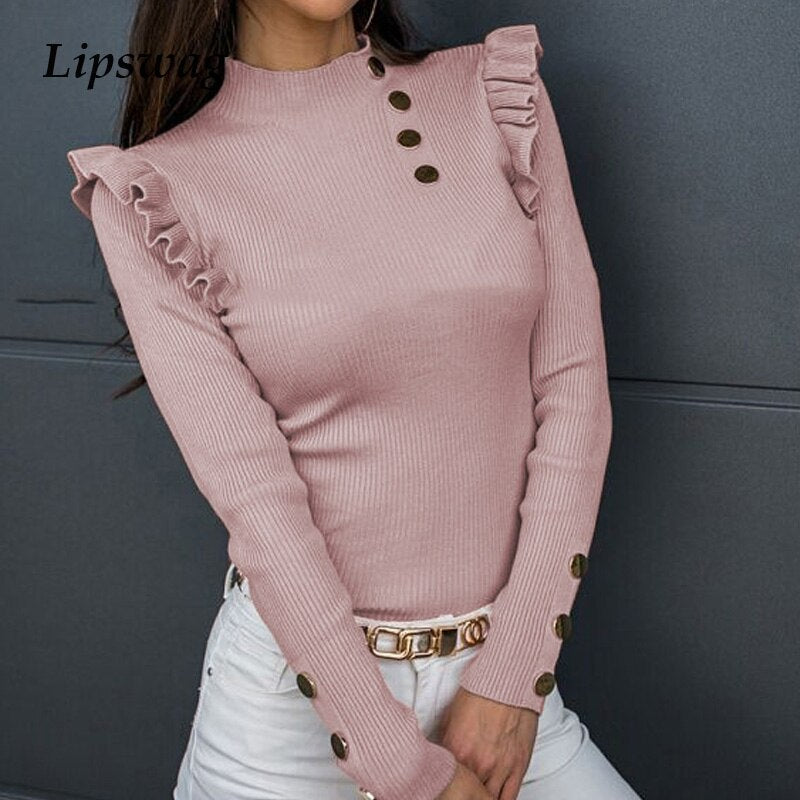 Autumn Long Sleeve Solid Blouse Shirts 2020 Women Elegant V Neck Rib Tops Pullovers Winter Casual Office Lady Button Slim Blusa