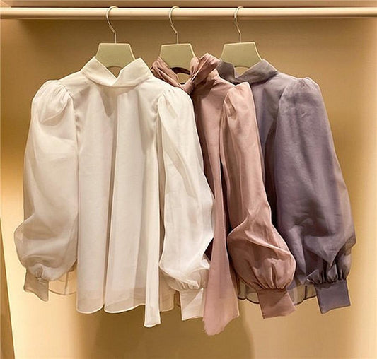 2020 autumn and winter Japanese new wild sweet round neck lantern sleeve tulle bow tie shirt top women