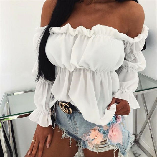 Elegant Women Off Shoulder Chiffon Blouse Fashion Solid Color Pleated Sexy Shirt 2021 New Womens Office Street Tops and Blouses