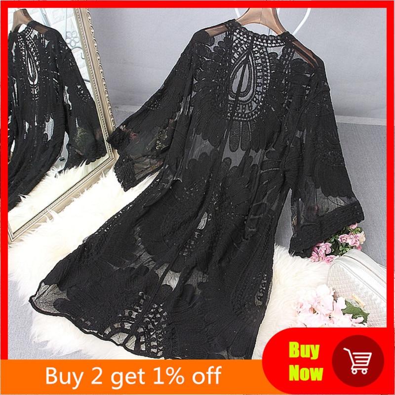 1Pc Women Beach Cover Up Floral Embroidery Swimwear Women Robe Cardigan BathingSuit